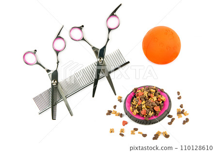 Dry food, Scissors, comb and toy for pet on isolated white background. Collage. Dry food, Scissors, comb and toy for pet on isolated white background. Collage. 110128610