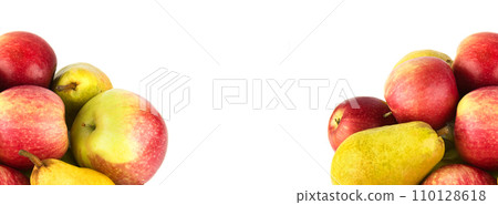 Apples and pears isolated on a white. Collage. Free space for text. Wide photo. 110128618