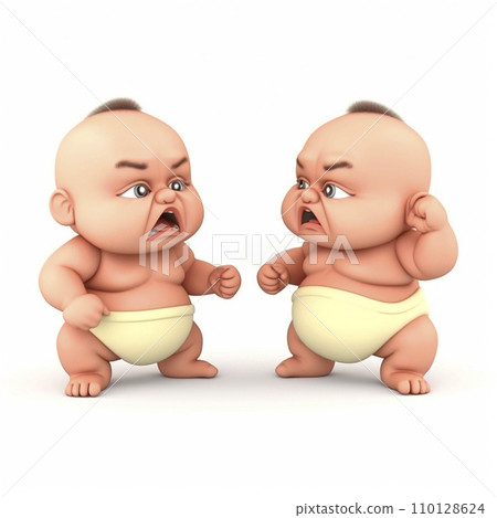 Two newborn babies fight like sumo wrestlers, funny cute cartoon 3d illustration on white background, creative avatar 110128624