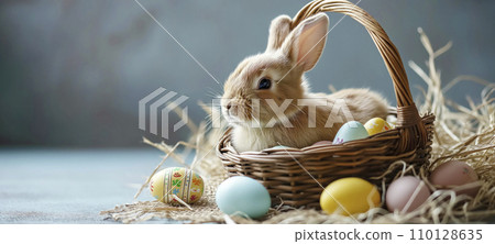AI-generated content. Cute young Easter bunny in a wicker basket with dyed eggs on a wooden table 110128635