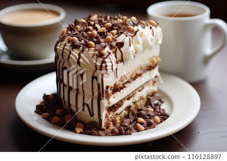 Delicious cake slice and a freshly brewed cup of coffee - perfect indulgence for dessert lovers 110128897