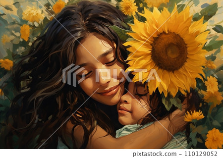 Joyful Mother and Daughter Embracing the Special Moments of Mothers Day Celebration. Sunflowers Joyful Mother and Daughter Embracing the Special Moments of Mothers Day Celebration. Sunflowers 110129052