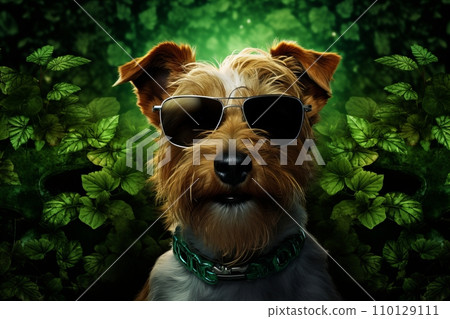 Lucky Canine Fashion. Green Glasses-Wearing Dog Delights in St. Patricks Day Festivities Lucky Canine Fashion. Green Glasses-Wearing Dog Delights in St. Patricks Day Festivities 110129111