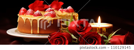 Banner. Valentines Delight. Sumptuous Strawberry Cake with Red Roses, Perfect Treat for Romance 110129145