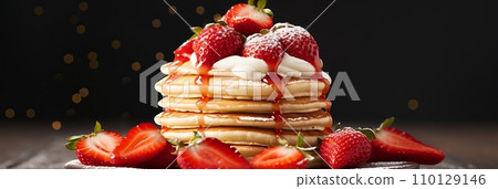 Banner. Delicious pancakes with fresh strawberries. Valentine breakfast Banner. Delicious pancakes with fresh strawberries. Valentine breakfast 110129146