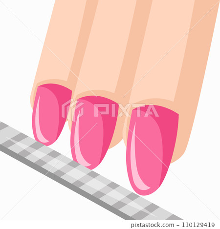 Manicure art image for nail art salon vector image. Nail file is sharpening three female fingers with pink polish painted nails Manicure art image for nail art salon vector image. Nail file is sharpening three female fingers with pink polish painted nails 110129419
