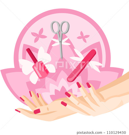 Manicure logo for nail art salon vector image. Two hands holding each other, nail polish bottle, manicure scissors nail file flying with wings above hands with the background of pink flower figure Manicure logo for nail art salon vector image. Two hands holding each other, nail polish bottle, manicure scissors nail file flying with wings above hands with the background of pink flower figure 110129430