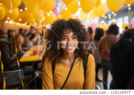 Delighted young girl brimming with positivity, spreading cheer at a joyful holiday gathering Delighted young girl brimming with positivity, spreading cheer at a joyful holiday gathering 110129477