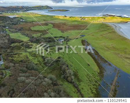 Aerial view of Castlegoland hill by Portnoo - County Donegal, Ireland. 110129541
