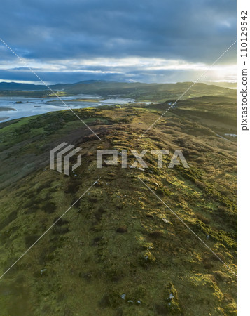 Aerial view of Castlegoland hill by Portnoo - County Donegal, Ireland. Aerial view of Castlegoland hill by Portnoo - County Donegal, Ireland. 110129542