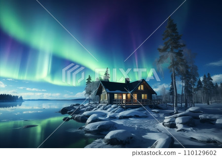 Stunning Winter Wonderland. Cozy House Illuminated by Mesmerizing Northern Lights in Snowy Landscape Stunning Winter Wonderland. Cozy House Illuminated by Mesmerizing Northern Lights in Snowy Landscape 110129602