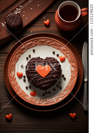 Vertical. Chocolate Cake with Heart Shape for Valentines Day Celebration and Romantic Occasions 110129620
