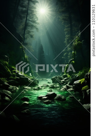 Tranquil Forest River. Scenic Landscape with Serene Waterway Amidst Towering Trees and Lush Greenery. Vertical Tranquil Forest River. Scenic Landscape with Serene Waterway Amidst Towering Trees and Lush Greenery. Vertical 110129631