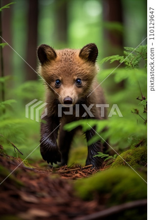Captivating Vertical Photo of an Adorable Baby Bear Cub Exploring its Enchanting Forest Home 110129647