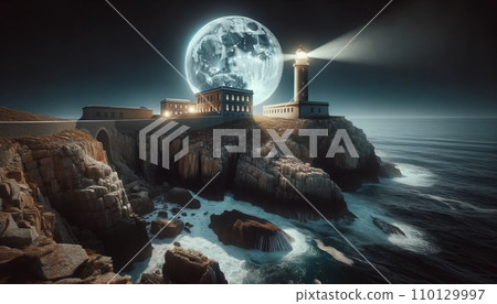 超級月亮風景海邊燈塔AI生成影像 110129997