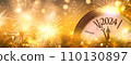 2024 New Year Clock And Golden Fireworks  Countdown To Midnight 110130897