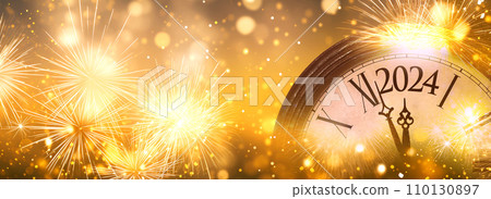 2024 New Year Clock And Golden Fireworks Countdown To Midnight 2024 New Year Clock And Golden Fireworks Countdown To Midnight 110130897