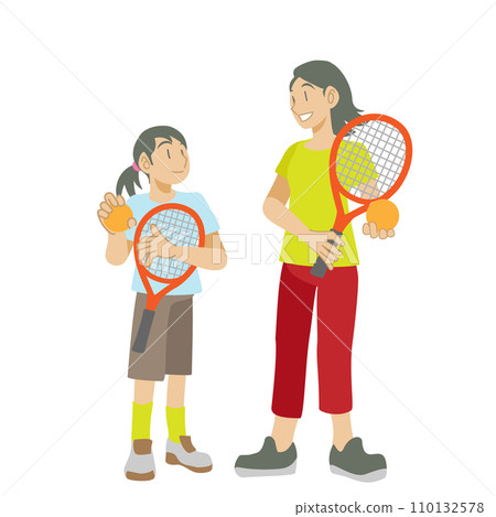 Mother and child smiling with tennis rackets 110132578