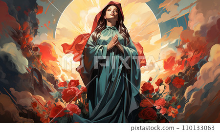 Virgin of Guadalupe and red rose generative ai Virgin of Guadalupe and red rose generative ai 110133063
