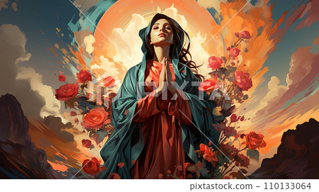 Virgin of Guadalupe and red rose generative ai Virgin of Guadalupe and red rose generative ai 110133064