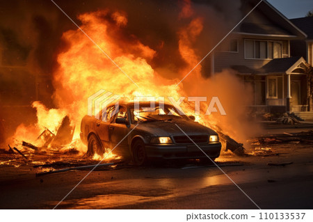 AI-generated content. Car on fire on near living house, vehicle burning in flames causing 110133537