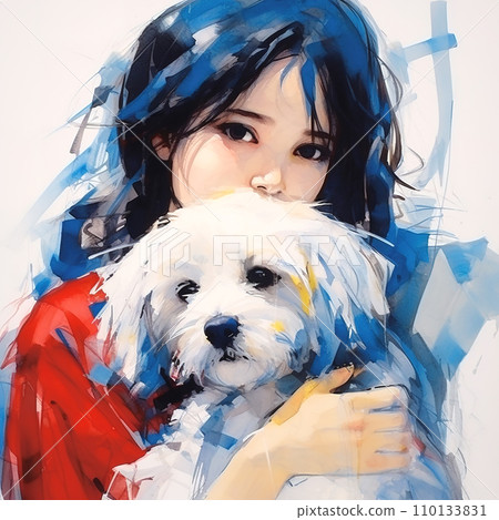 Painting of a girl hugging a maltese dog on a clean background. Mammals. Pet. Animals. 110133831