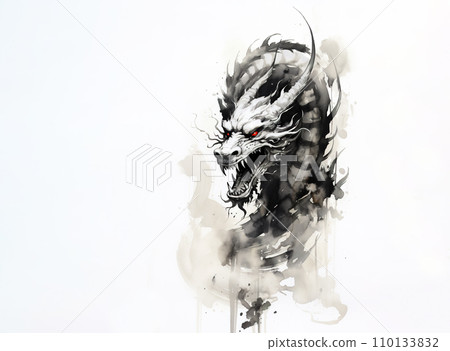 Dragon watercolor painting with black ink on white background traditional Chinese style. Mythical creatures, Ancient animals. Illustration, Generative AI. 110133832