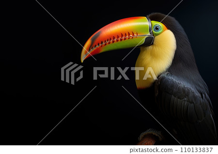 Image of a toucan on a branch in the forest. Birds. Animals. Illustration, Generative AI. Image of a toucan on a branch in the forest. Birds. Animals. Illustration, Generative AI. 110133837