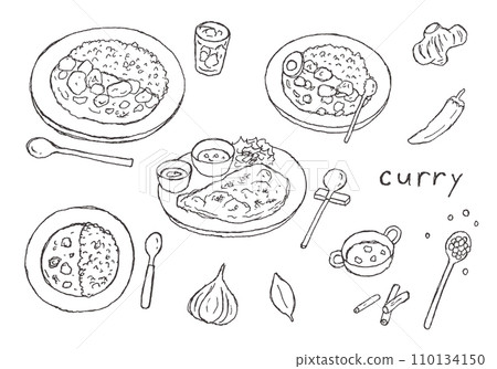 Hand-drawn illustration set of curry rice and naan (monochrome) 110134150