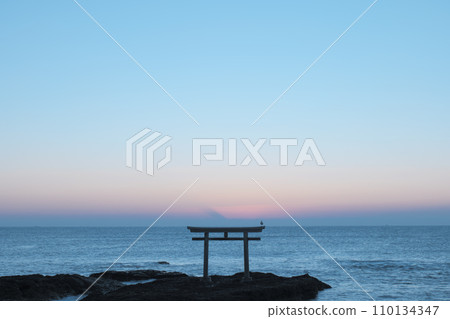 Torii of Kamiiso at dawn in winter December Oarai Isosaki Shrine 110134347