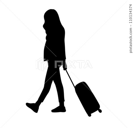 Woman with suitcase going to traveling, woman with luggage go to airport silhouette on white Woman with suitcase going to traveling, woman with luggage go to airport silhouette on white 110134374