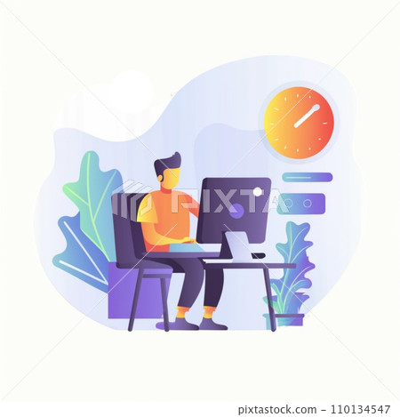 Home office concept, man working from home, student or freelancer. 110134547