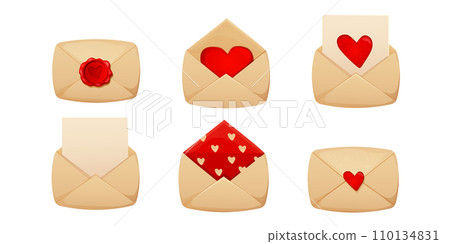 Set romantic nvelope, love letter with wax seal heart shape rope Valentines day holiday in cartoon style isolated on white background. Set romantic nvelope, love letter with wax seal heart shape rope Valentines day holiday in cartoon style isolated on white background. 110134831