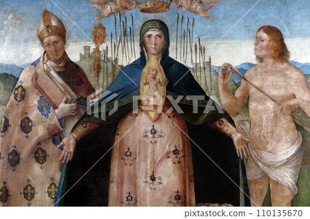 Benedetto Diana: Madonna Help of Christians with Saint Louis of Toulouse and Saint Sebastian, Altarpiece in the Franciscan church in Poljud, Split, Croatia 110135670