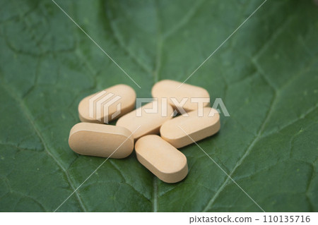 Pills on a green leaf close-up of medical concept 110135716