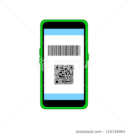 Barcode and QR (electronic payment screen) displayed on a green smartphone 110136064