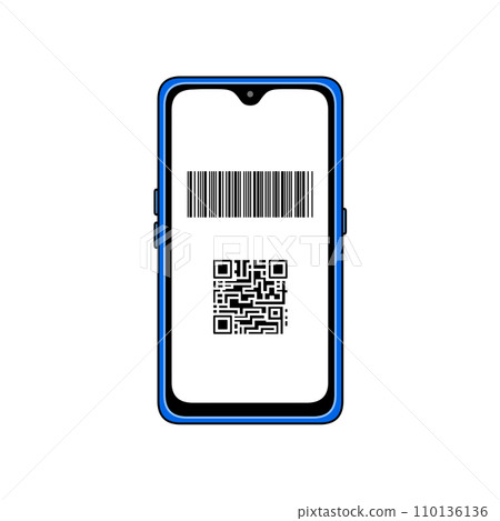 Barcode and QR (electronic payment screen) displayed on a blue smartphone 110136136