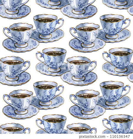 Hand painted watercolor seamless pattern with antique tea coffee cups. Tea time themed design. Porcelain cup of tea or coffee. Repeating background. Hand painted watercolor seamless pattern with antique tea coffee cups. Tea time themed design. Porcelain cup of tea or coffee. Repeating background. 110136347