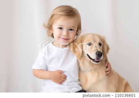 Ai Generated. Adorable little baby with golden retriever. Baby t-shirt mockup. Ai Generated. Adorable little baby with golden retriever. Baby t-shirt mockup. 110136601