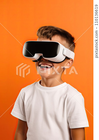 Ai Generated. Portrait of a boy in virtual reality glasses on an orange background. Ai Generated. Portrait of a boy in virtual reality glasses on an orange background. 110136619