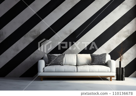 Ai Generated. Interior of modern living room with black and white striped wallpaper and white sofa. Ai Generated. Interior of modern living room with black and white striped wallpaper and white sofa. 110136678