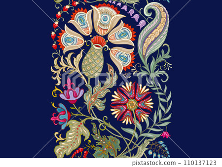 Fantasy flowers in retro, vintage, jacobean embroidery style 110137123