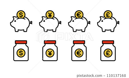 Set of pig piggy bank and bottle icons Currency variations: Japanese yen, dollar, euro, pound Line width variable Set of pig piggy bank and bottle icons Currency variations: Japanese yen, dollar, euro, pound Line width variable 110137168