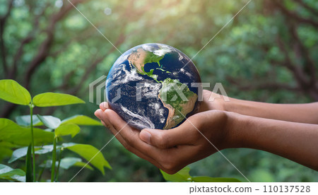 Hand holding a small globe (AI generated image) Hand holding a small globe (AI generated image) 110137528