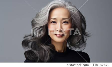Elegant, smiling, elderly, chic Asian woman with gray long hair and perfect skin, on a gray background, banner 110137679