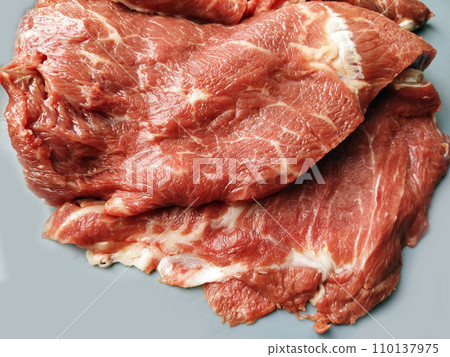 Fresh beef meat. Large pieces of raw meat on a gray background. Close-up of meat fibers. Healthy protein nutrition. Veal. High quality protein and nutrients. Bull meat Fresh beef meat. Large pieces of raw meat on a gray background. Close-up of meat fibers. Healthy protein nutrition. Veal. High quality protein and nutrients. Bull meat 110137975