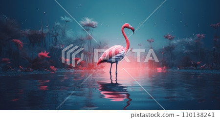 AI-generated content. Pink flamingo by the lake, nature and wildlife concept 110138241