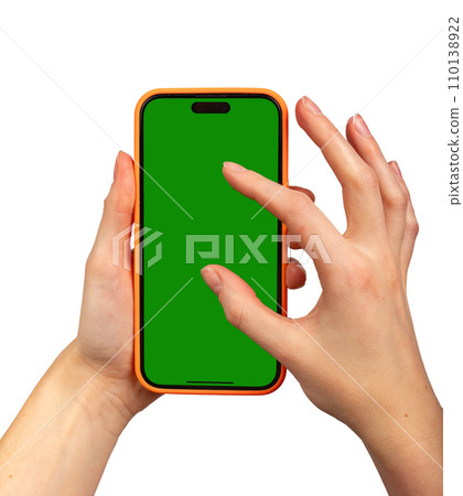 Berlin Germany December 27 2023 Mobile phone screen mockup isolated on white. Finger zooming display 110138922