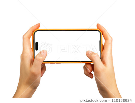 Berlin Germany December 27 2023 Mobile phone screen mockup isolated. Holding horizontal smartphone Berlin Germany December 27 2023 Mobile phone screen mockup isolated. Holding horizontal smartphone 110138924