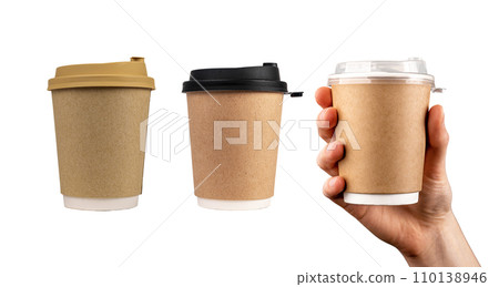 Hand holding kraft paper coffee cup, takeaway coffe mugs, isolated on white background 110138946